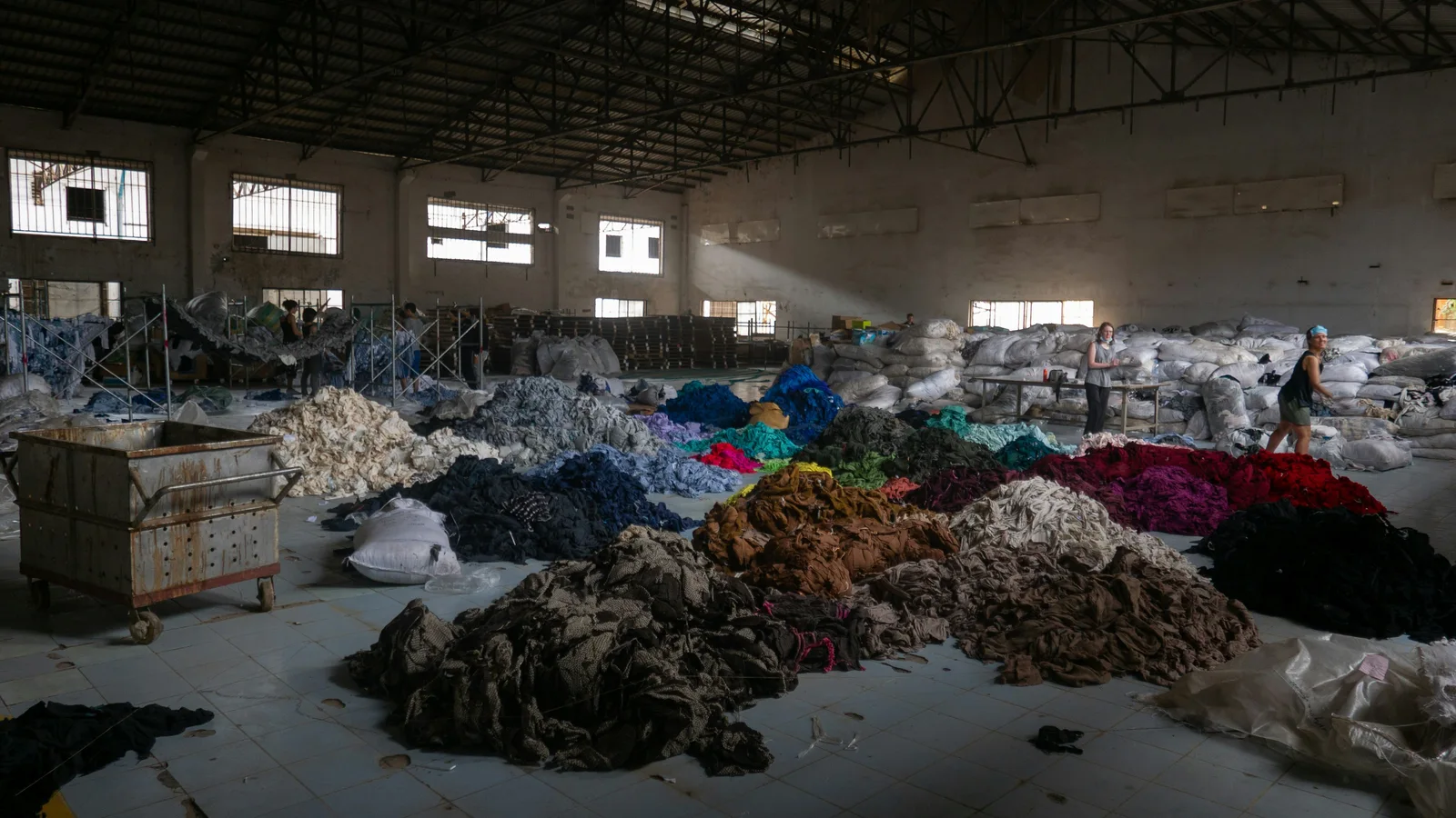 Clothing in a clothing factory in piles on the floor